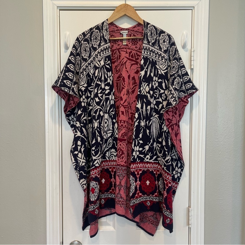 Chico’s Poncho Women’s One Size Red White Blue Silk Cotton Shawl Kimono American